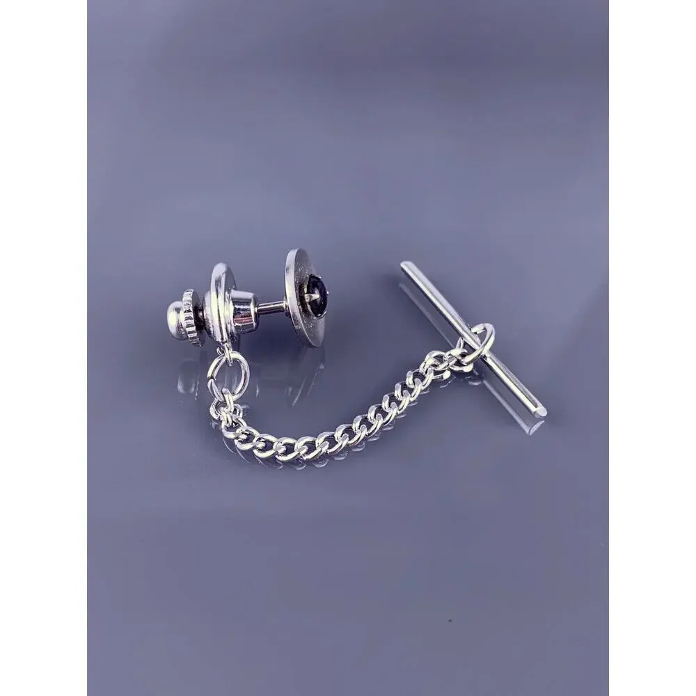 Black Star Sapphire 1/20 12k Gold Filled Tie Tack Pin Silver Round Vintage